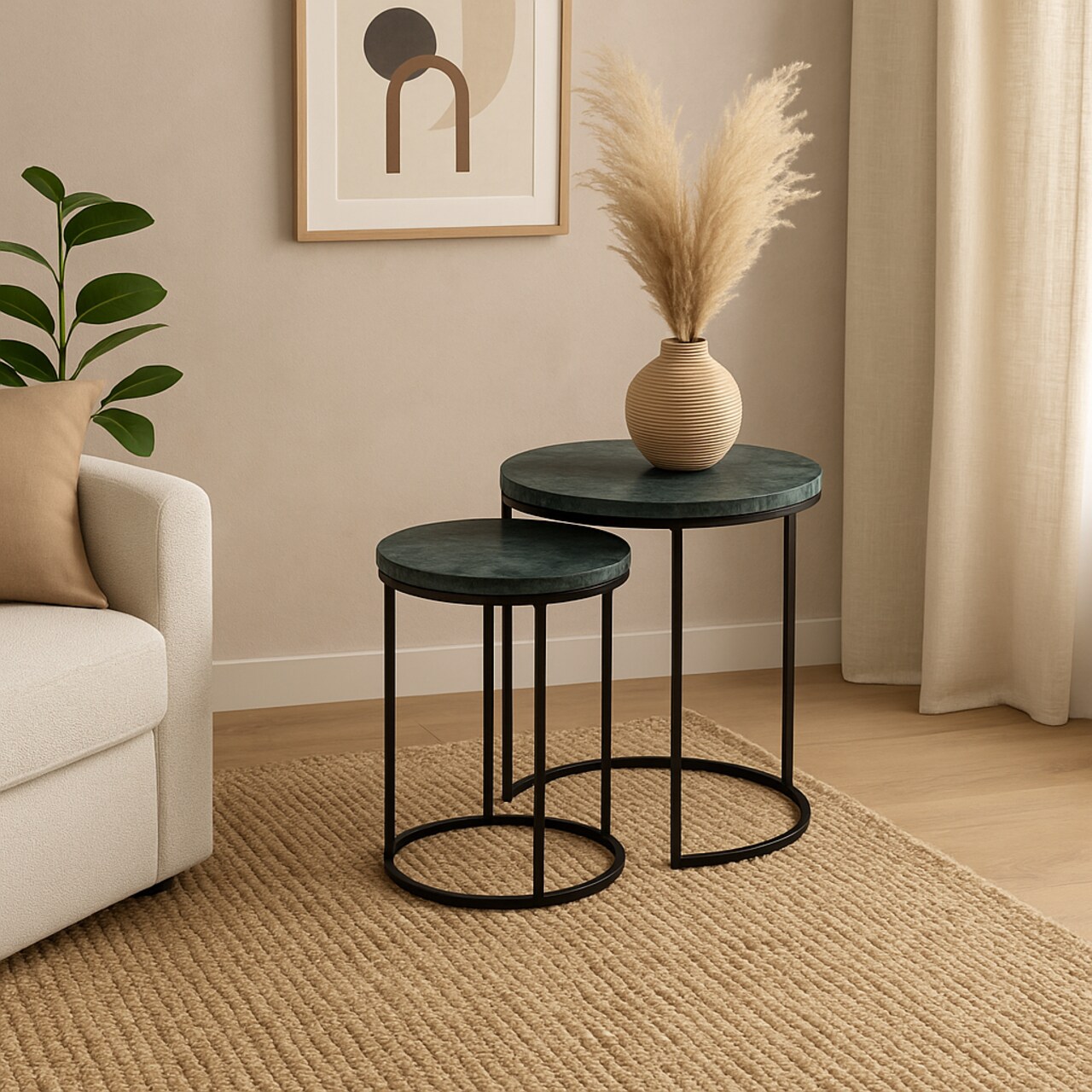 Nesting Table | Green Marble Table Set of 2 with Grey Metal Frame